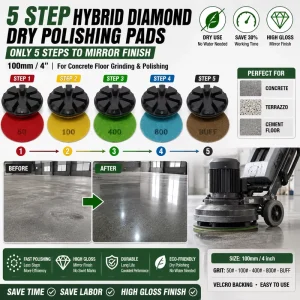 100mm Resin Diamond Polishing Pads for Concrete Floor Grinders, Dry Use, 50#-3000#