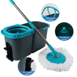 120 cm Stainless Steel Rod 360° Rotating Mop and Bucket Set with Separate Clean and Dirty Water System, Blue