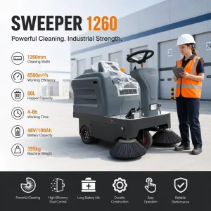 1260mm Wide-Path Floor Sweeper with 80L Trash Bin, 30L Water Tank and Steering Wheel Control for Industrial Workshops