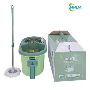 2-Piece Microfiber Spin Mop Set with 360 Rotating Head, Stainless Steel Pole, Wheel Bucket and Self-Wringer
