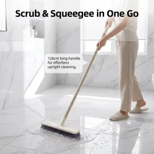 2-in-1 Floor Scrub Brush with Long Handle PET Bristles and Rubber Squeegee