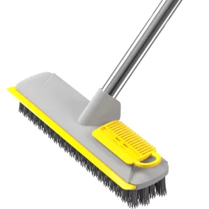 2-in-1 Floor Scrub and Gap Brush with Long Removable Handle, Stiff Bristles, and Squeegee