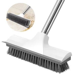 2 in 1 Long Handle Broom Floor Scrub Brush with Squeegee Deck Scrub Stiff Brush Bristles for Bathroom Deck Garage Cleaning