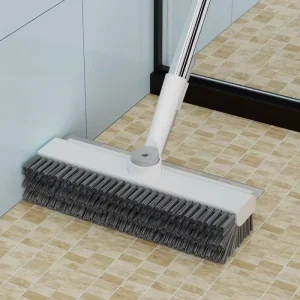 2 in 1 Long Handle Floor Scrub Brush With Squeegee Indoor Broom 360-Degree Rotatable Head