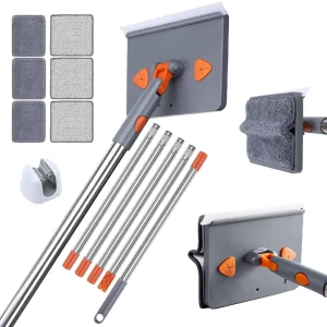 2-in-1 Rectangular Baseboard and Ceiling Cleaner Flat Mop Set with Squeegee Rubber Strip and Stainless Steel Handle