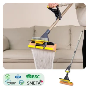 2-in-1 Sponge Mop with Brush and Squeegee for Wet Floor Cleaning