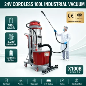 24V Cordless 100L Stainless Steel Industrial Vacuum Cleaner with 4.2m² Filter and 16kPa Suction for Food, Pharma, and Cleanroom Use