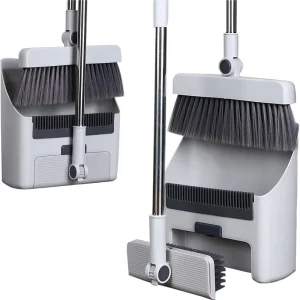 3 in 1 Broom with Dustpan Combo Set with Dust Pan Adjustable Long Handle Broom and Dustpan Set for Sweeping Gray