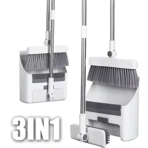 3-in-1 Foldable Broom and Dustpan Set with Long Handle