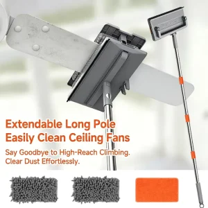 3-in-1 Microfiber Ceiling Fan Cleaner Brush with Stainless Steel Long Handle and Rubber Strip