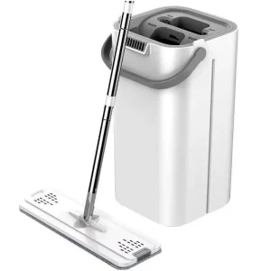 360 Degree Flat Microfiber Mop with Self Washing and Squeeze Dry Bucket Detachable Handle Steel Pole Handfree Lazy Mop