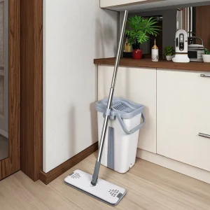 360-Degree Rotary Flat Mop with Stainless Steel Pole, Plastic Bucket and Hands-Free Wringing