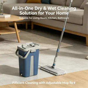 360-Degree Rotary Flat Mop with Stainless Steel Pole and Hands-Free Wringer