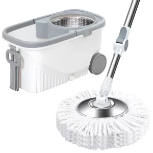 360-Degree Rotary Mop Set with Swivel Double-Drive Bucket, Hands-Free Rotating Microfiber Self-Wringer, Stainless Steel