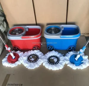 360 Degree Rotating Adjustable Cleaning Mop Bucket Set Hand Free with Steel Pole Extensible Handle Featuring a Plastic Basket