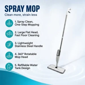 360 Degree Rotating Microfiber Flat Mop Steel Pole Detachable Handle Water Spray for Household Kitchen Floor Cleaning