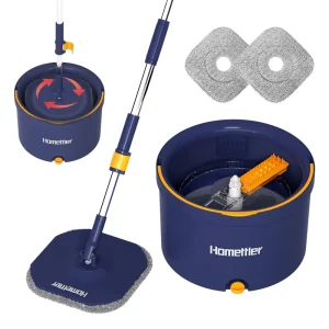 360 Degree Rotating Microfiber Flat Mop Steel Pole Foldable Handle with Squeeze Bucket