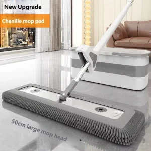 360 Degree Spin Chenille Flat Mop and Self Wringing Folding Bucket for Commercial & Household Cleaning