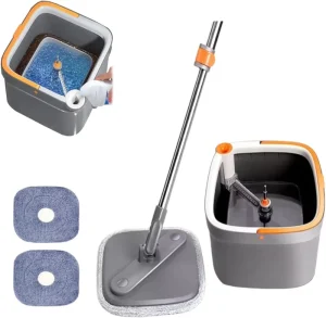 360-Degree Spin Mop Set with Stainless Steel and Aluminum Pole, Self-Wringer, and Microfiber Fabric