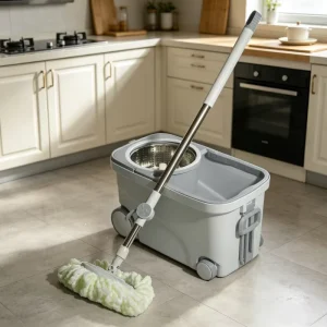 360 Rotary Mop Set with Double-Drive Bucket, Hands-Free Rotating Microfiber Floor Cleaning System with Wheels