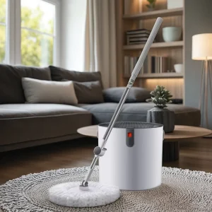 360° Rotating Microfiber Flat Mop Bucket Set with 2 Mop Heads, Removable Telescopic Steel Handle, and Wet/Dry Cleaning