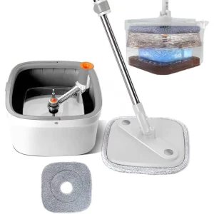 360 Rotating Self Washed Extendable Single Drive Flat Mop 70 80% Dehydration 301 500ml Capacity Steel Pole Bucket 2 Mopheads