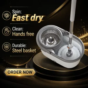 360° Rotating Spin Mop and Bucket Set with Detachable Braided-Fiber Microfiber Mop Head, Wet and Dry, Stainless Steel Bottom Drain