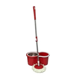 360° Rotating Spin Mop with Red Bucket and Stainless Steel Handle