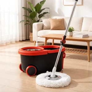 360° Swivel Head Spin Mop Set with Foot-Operated Spin Bucket and 2 Washable Microfiber Pads