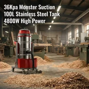 36kPa Industrial Vacuum Cleaner 100L Stainless Steel 4800W with 2.9m² Filter for Metal Dust and Woodworking