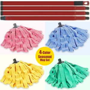 4-Color-Coded Microfiber Mop Set 1.57m Long Pole 4 Washable Refills Hands Free Home Floor Cleaning