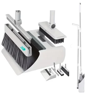 4 in 1 Broom and Dustpan Combo Set with Long Plastic Handle Stainless Steel White Gray 25 34in for Outdoor & Indoor Use