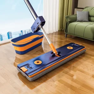 42 cm Long-Handle Stainless Steel Microfiber Flat Mop Foldable Bucket for Household Floor Cleaning