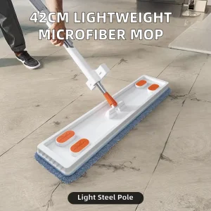 42cm Lightweight Steel Pole Microfiber Flat Mop with Sliding Spin Self-Wringer, Rectangle Head, 10kg