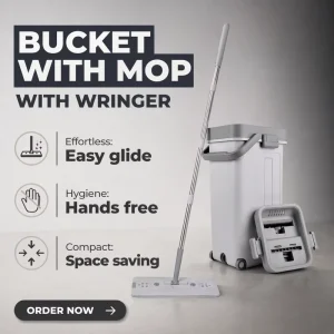 45 cm Flat Mop Bucket Set with Scraper Comb, Double Bucket with Wheels, Stainless Steel Pole and Microfiber Mop