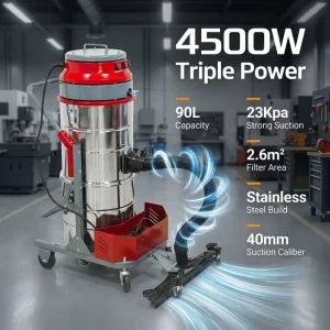 4500W Industrial Vacuum Cleaner 90L High Suction 23Kpa Wet & Dry Stainless Steel Dust Collector for Factory Warehouse Workshop