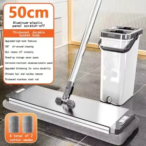 50cm Hands-Free Flat Mop Scraper with Stainless Steel Extendable Handle and One-Push Wet and Dry Floor Cleaning