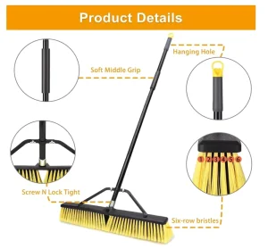 63″ Long Handle 24-Inch Bristle Push Broom for Outdoor Deck Driveway Patio Yard and Concrete Floors