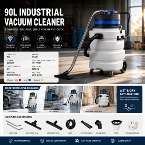 90L Wet and Dry Industrial Vacuum Cleaner 3000W Powerful Suction Commercial Cleaner for Workshop Garage