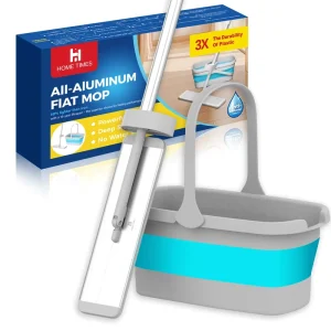 Aluminum Flat Mop and Bucket Set with 2 Microfiber Mop Pads, Foldable Bucket with Wheel