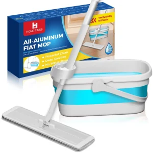 Aluminum Flat Mop and Collapsible Bucket Set With 2 Microfiber Mop Pads Foldable Bucket with Wheel for House Floor Cleaning