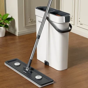 Aluminum Narrow-Seam Flat Mop and Storage Bucket Set with 2-in-1 Extendable Handle for Wood Floors and Tile