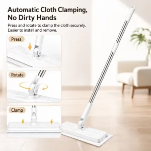 Automatic Clamping Floor Cleaning Mop with Replaceable Non-Woven Cloth Refills, Disposable Flat Mop