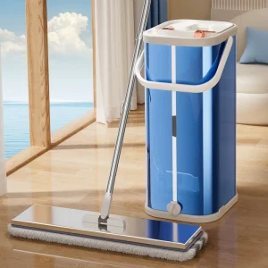 BASSFLY Flat Mop and Bucket with Wringer Set Blue Separates Dirty and Clean Water Stainless Steel Mop Wet and Dry Use
