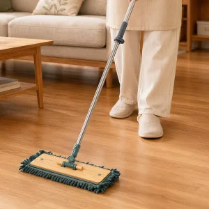 Bamboo Handle Flat Mop with Chenille and Bamboo Fiber Pads, 360-Degree Swivel Telescopic Pole