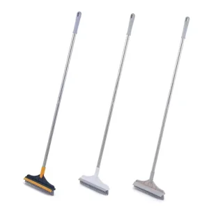 Bathroom Floor Scrub Brush Plastic Rubber Wiper Dry Squeegee Floor Adjustable Metal Handle Scrubber with Stiff Bristles