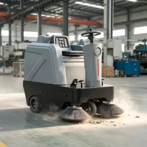 Battery Powered Industrial Sweeper for Manufacturing Plants Ride-on Cleaning Machine with Dual Side Brushes