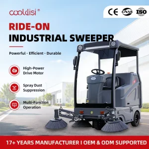 Battery-Powered Outdoor Ride-On Sweeper with Front Water Spray and Dust Control