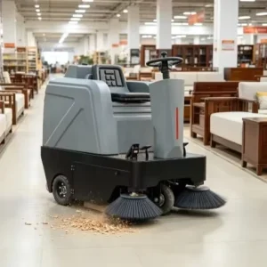 Battery-Powered Ride-On Floor Sweeper for Furniture Showrooms and Retail Stores