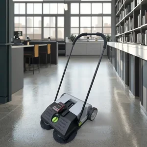 Battery-Powered Sweeper for Large Debris Removal in Parking Lots and Sidewalks